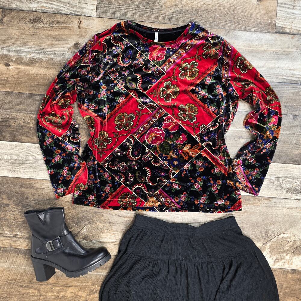 Vintage 90s Patchwork Velvet Floral Paisley Top | Whimsigoth Jewel Tone XL